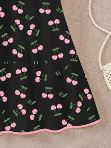 Cherry Girl，女童休闲可爱迷你爱心连衣裙，迷你樱桃印花荷叶边连衣裙，适合夏季、休闲度假、海滩周末，可爱夏日穿搭，夏季童装，韩版风格 - 彩色 - 查看 5