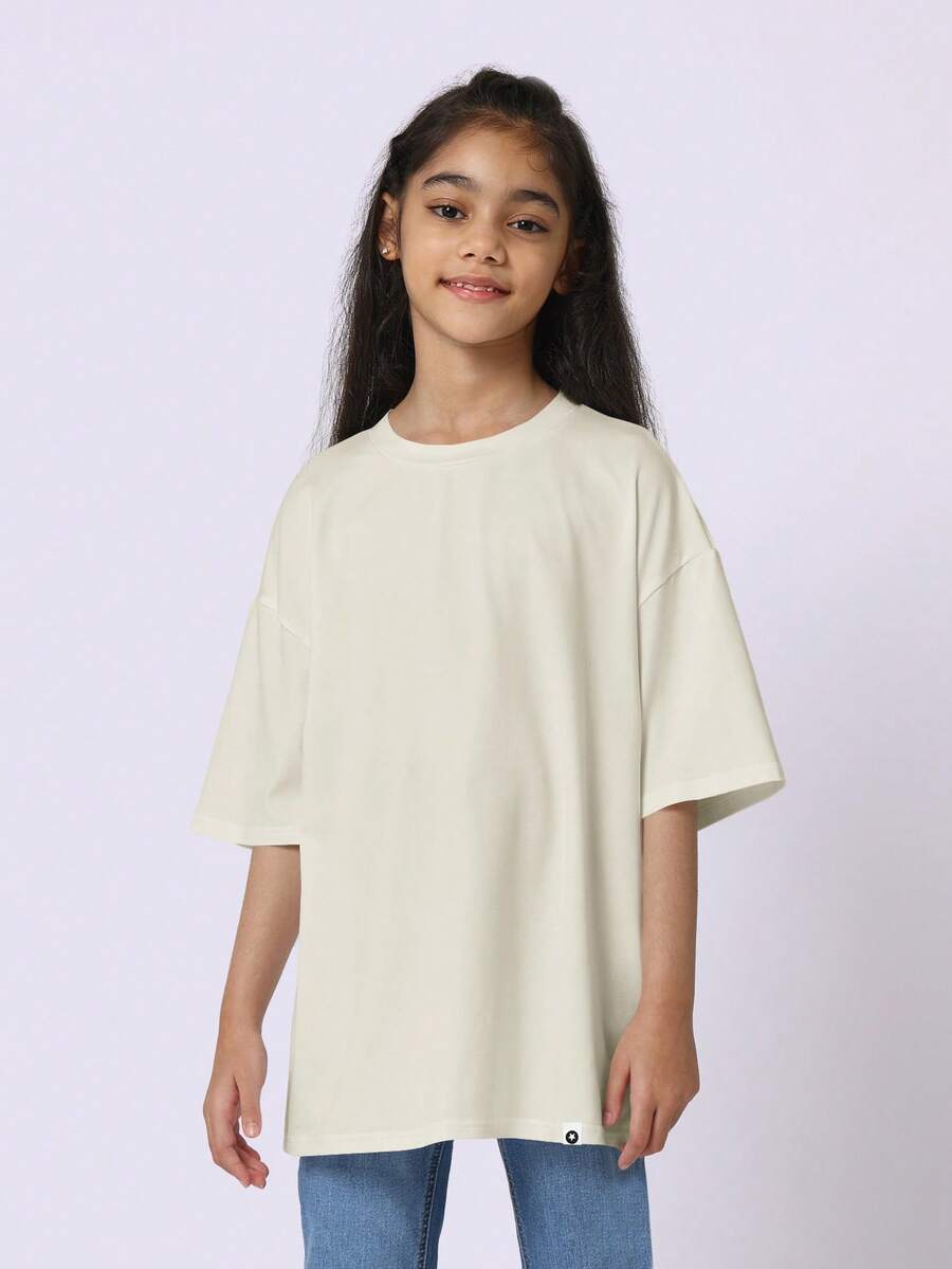 SUMWON Oversized Soft Tee For Girls Relaxed Fit Round Neck Short Sleeve Casual Everyday Top Vacation - Beige - View 1