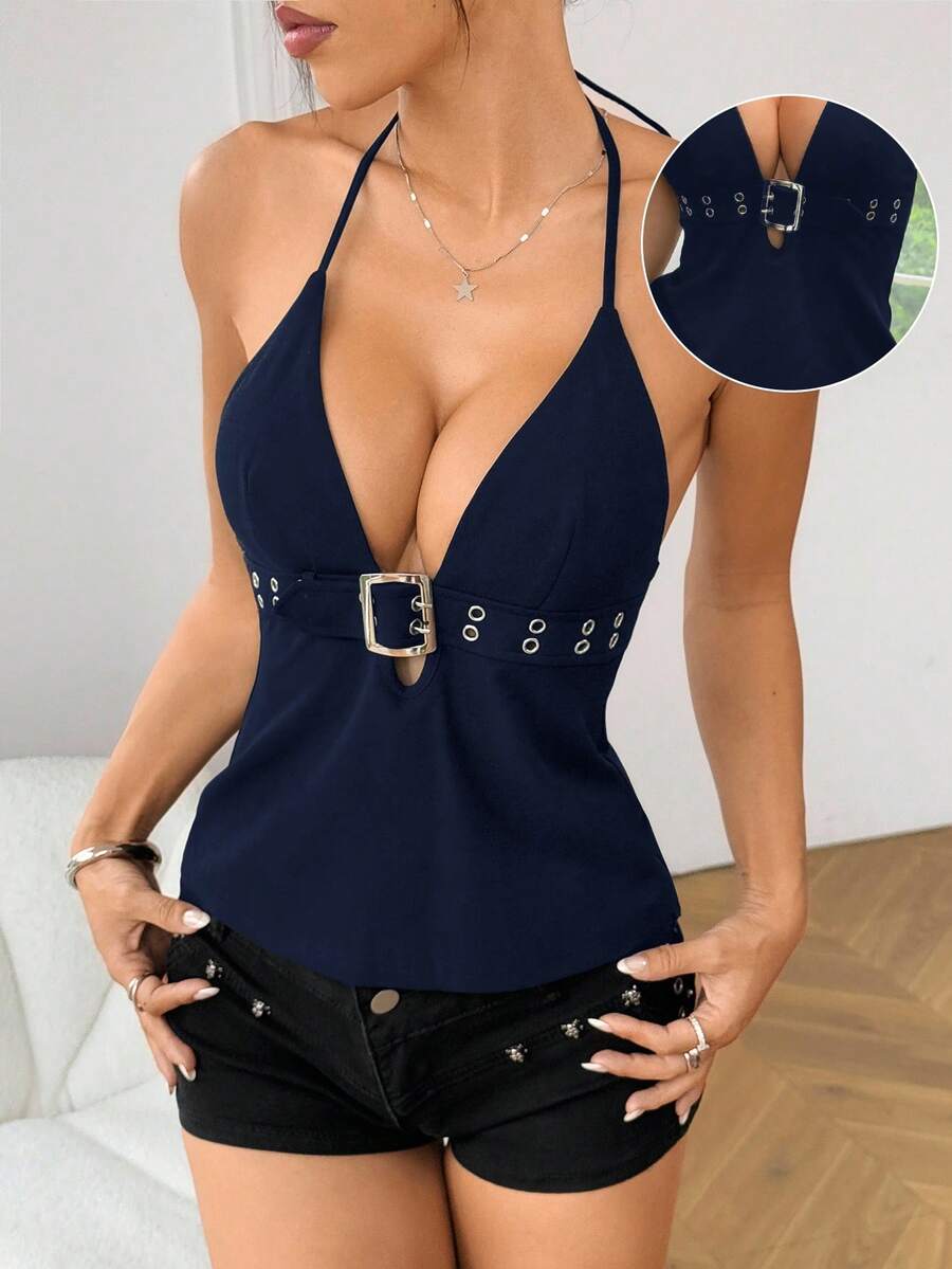 SHEIN EZwear 女士深V领带扣腰带设计露背系带时尚百搭上衣，适合约会和外出穿着 - 藏蓝色 - 查看 1