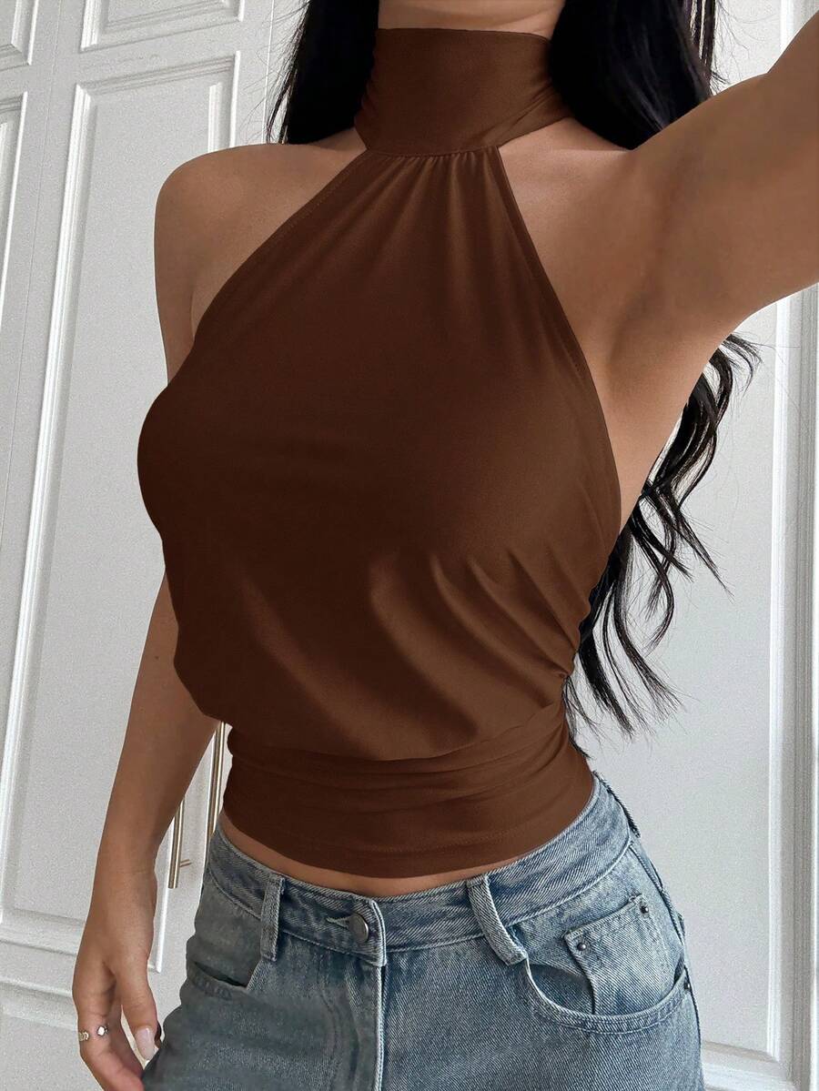 SHEIN EZwear 女士基础款纯色舒适吊带背心,棕色可爱高领上衣,性感夏季吊带背心,可爱上衣,女士上衣 - 棕色 - 查看 1