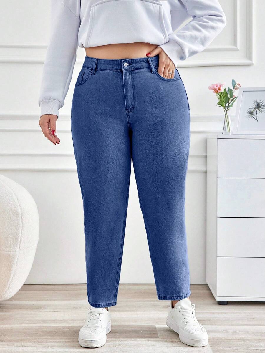 EURMUSE Plus Size Women Casual Everyday Commute Simple Solid Color High Waist Skinny Jeans - Blue - View 1