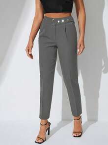 SHEIN Cottnline Side Pocket With Belt Trousers - Dark Grey - View 4
