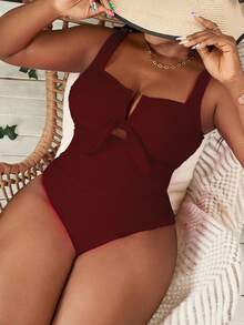 Slaydiva Plus Size Women's V-Neck Tie-Front Ruched One Piece Swimsuit, Sexy Slimming Solid Color One Piece Swimsuit For Nightclub Party, Vacation - Burgundy - View 1