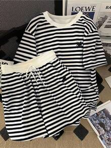 Resyla 2pcs/Set Women's Fashionable Striped Outfit, Summer - Multicolor - View 3