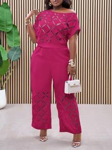 Slaydiva 大码不对称肩部刺绣花卉优雅轻盈两件套，居家办公两件套，镂空细节，女士职业装，工作服 - 玫紅色 - 查看 7