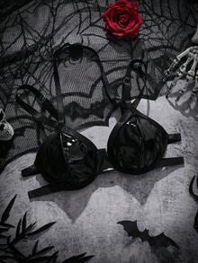 Sexy Patent Leather Spaghetti Strap Bra For Women - Black - View 6