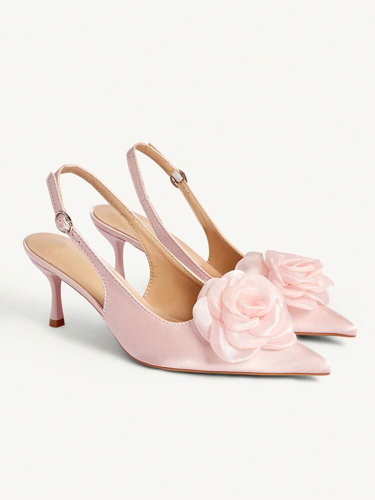 CUCCOO CHICEST Women's Pointed Toe Floral Embellished Mid Heel Pumps, Elegant Sweet Romantic Shallow Pink Satin High Heels, Dress Shoes For Afternoon Tea, Date, Party, New Year, Summer Festival Wedding Shoes Summer Shoes Bride Shoes