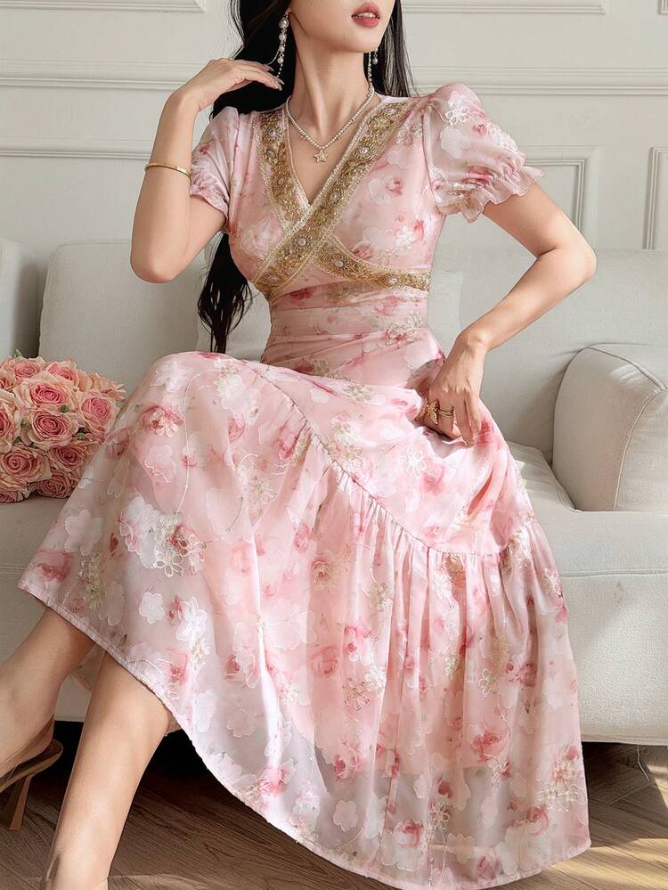 V-Neck Waist Cinched Ditsy Floral Midi Dress, Elegant French Style Summer Boho