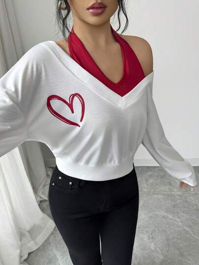 Elenzga Women's Spring/Summer Casual Outfit, Suitable For New Year, Valentine's Day, Easter, Mother's Day, Middle Eastern Party, Wedding, Elegant French Sweet Romantic Vacation, V-Neck Tie Strap Asymmetric Shoulder Heart Print Long Sleeve Sweatshirt, Color Block Red & White