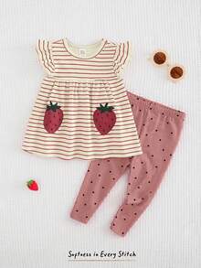 Cozy Pixies 2件套女婴草莓印花荷叶边圆领上衣和松紧腰裤套装