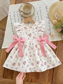 SHEIN 女婴编织花卉图案圆领荷叶边下摆休闲连衣裙 - 白色 - 查看 3