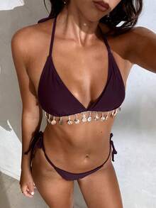 Aloruh 女士新款紫色纯色泳衣套装，采用编织肩带、流苏拼接设计，波西米亚风格，优雅性感比基尼套装，海滩度假装扮 - 紫紅色 - 查看 6