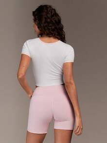 Menodora SHEIN Sport Áo thun thể thao nữ tay ngắn cổ tròn in chữ, dáng lửng - trắng - Xem 2