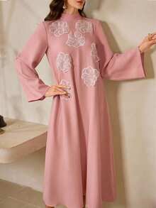 Al Najma 女士优雅阿拉伯风格连衣裙，饰有贴花，立领，喇叭袖 - 粉色 - 查看 5