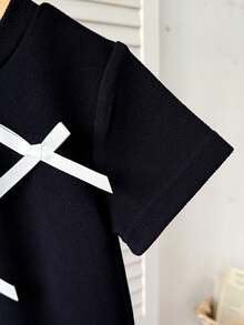 SHEIN 蓝色拼接条纹短袖休闲连衣裙，学院风 - 寶藍色 - 查看 3