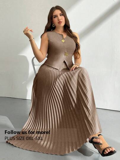 Firerie Plus Size Women Metal Single-Breasted Vest And Pleated Skirt Elegant 2 Pieces Set