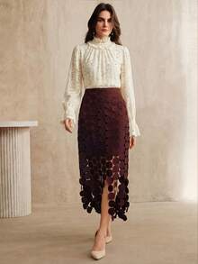 Anewsta 优雅蕾丝花朵串珠荷叶边高领喇叭袖女式衬衫 - 杏色 - 查看 4