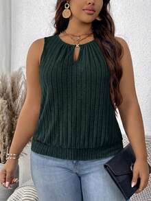 SHEIN LUNE Plus Size Women Ribbed Gold Buckle Teardrop Casual Tank Top - Dark Green - View 6