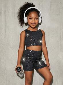 SHEIN Conjunto deportivo de top sin mangas de cuello redondo y shorts para niña, adecuado para juego activo, entrenamiento ligero y actividades diarias - Negro - Ver 2