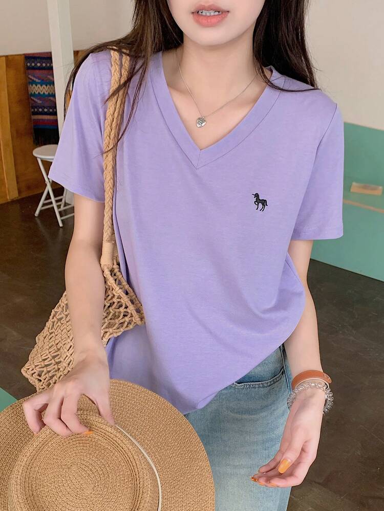 Women V-Neck Embroidery Short Sleeve Casual T-Shirt