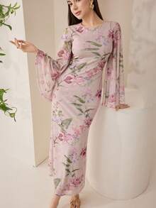 Veilorie 女士印花圆领喇叭袖修身优雅连衣裙 - 彩色 - 查看 3