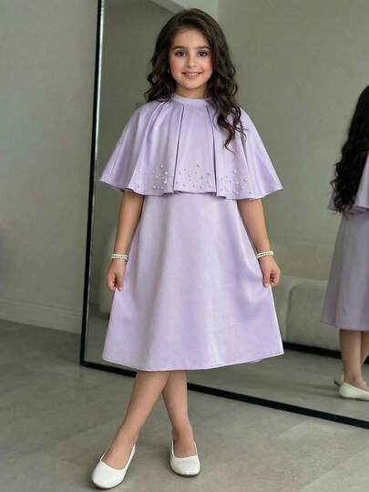 少女宽松优雅圆领无袖褶皱珍珠装饰连衣裙