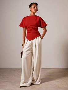 COSMINA 女士优雅褶皱圆领T恤，适合所有季节 - 紅色 - 查看 7