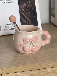 1个可爱樱桃陶瓷马克杯，优雅陶瓷咖啡杯，独特艺术设计，3D浮雕装饰，送朋友的礼物，家用和办公日常使用 - 彩色 - 查看 10