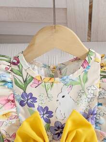 Souflis Souflis 1pc Baby Girls' Summer New Round Neck Dress, Cute Rabbit & Floral Print, Ruffle Trim, Elastic Waist, Big Bow Decor, Simple & Versatile Holiday Dress - Yellow - View 6