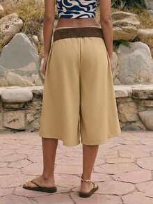 Xyvia 女士卡其色纯色顺滑面料轻盈抽绳腰超宽松长裤，带侧袋，休闲度假风，适合情人节、劳动节、复活节、旅行、街头穿搭、西式风格、春季短裤、春季七分裤、夏季短裤、夏季七分裤，新款春夏必备时尚小众设计百搭宽松七分短裤 - 卡其色 - 查看 2