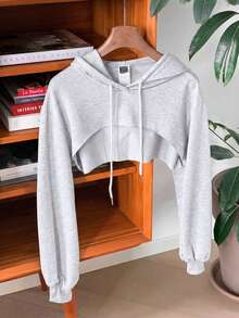 SHEIN EZwear Drawstring Detail Super Crop Hoodie-Black And White,Long Sleeve Tops In Fall/Winter - Light Grey - View 3