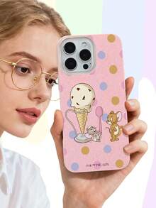 TOM & JERRY X SHEIN 1pc Cartoon Pattern & Ice Cream & Polka Dot Pattern Glitter Phone Case | Creative, Cute & Playful Style | Perfect Gift For Boyfriend, Friends, Besties, Family, Brothers, Colleagues, Dustproof And Waterproof | Compatible With IPhone 16/15/14/13/12/11/Pro/Pro Max/X/XR/XS/XS Max/7/8/Plus - powder - View 2