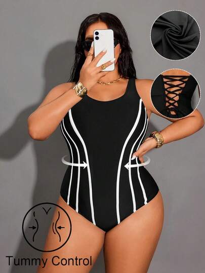 Shapewave Plus Size Solid Color Knit Fabric Spaghetti Strap Criss-Cross Back Sexy Monokini Swimsuit