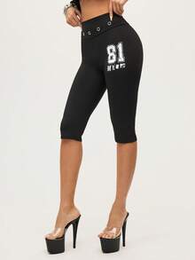 MTV | SHEIN Women's Summer Letter Pattern Grommet Eyelet Waist High-Waisted Leggings - Black - View 1