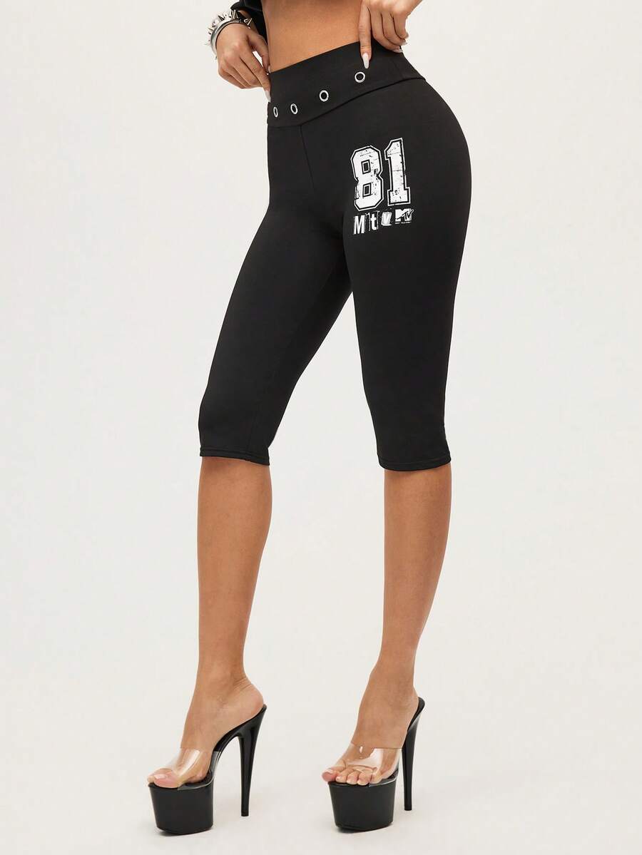 MTV | SHEIN Women's Summer Letter Pattern Grommet Eyelet Waist High-Waisted Leggings - Black - View 1
