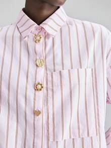 Ontre 女士宽松衬衫，粉色底布搭配棕色条纹，舒适亲肤面料，翻领，长袖，金属纽扣装饰，休闲商务风，高品质都市通勤衬衫 - 彩色 - 查看 5