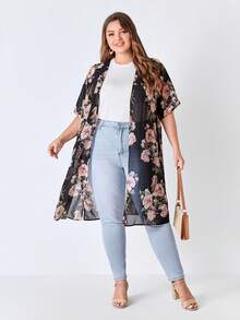 EMERY ROSE Plus Size Floral Print Drop Shoulder Chiffon Kimono Summer - Multicolor - View 6