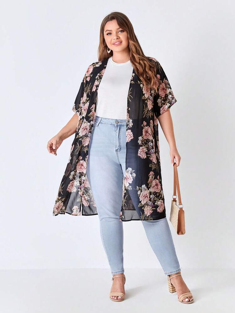 Kimono en mousseline de soie à imprimé floral avec épaule tombante, grande taille, pour l'été