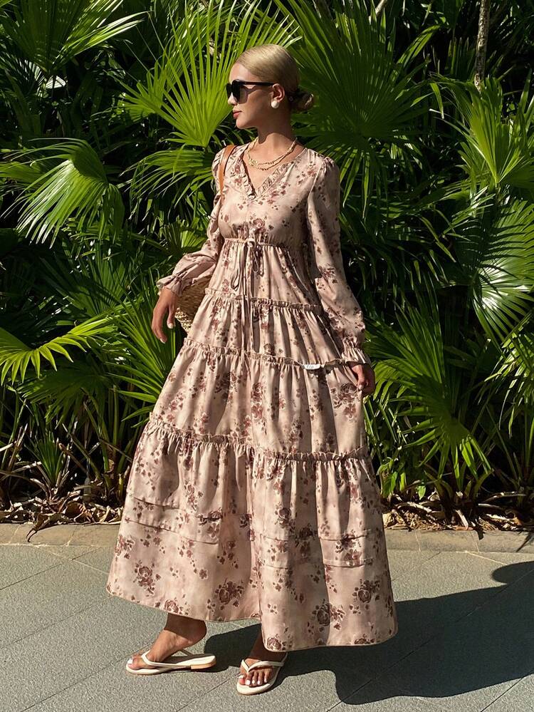 V-Neck Vintage Ditsy Floral Cinched Waist Long Dress For Women Maxi Dress Sundress Boho