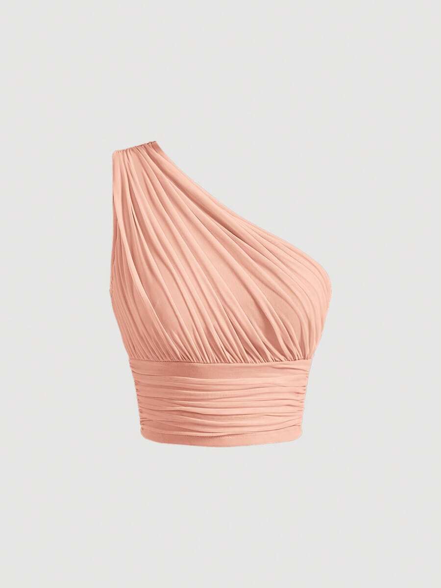 SHEIN MOD 单肩褶皱粉色修身露脐上衣 - 淺粉色 - 查看 1
