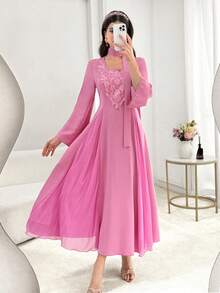 Al Najma V-Neck Beaded Embroidered Floral Tie Mesh Splice Fitted Long Sleeve Elegant Flared Hem Women Evening Gown Dress, Pink - Hot Pink - View 6
