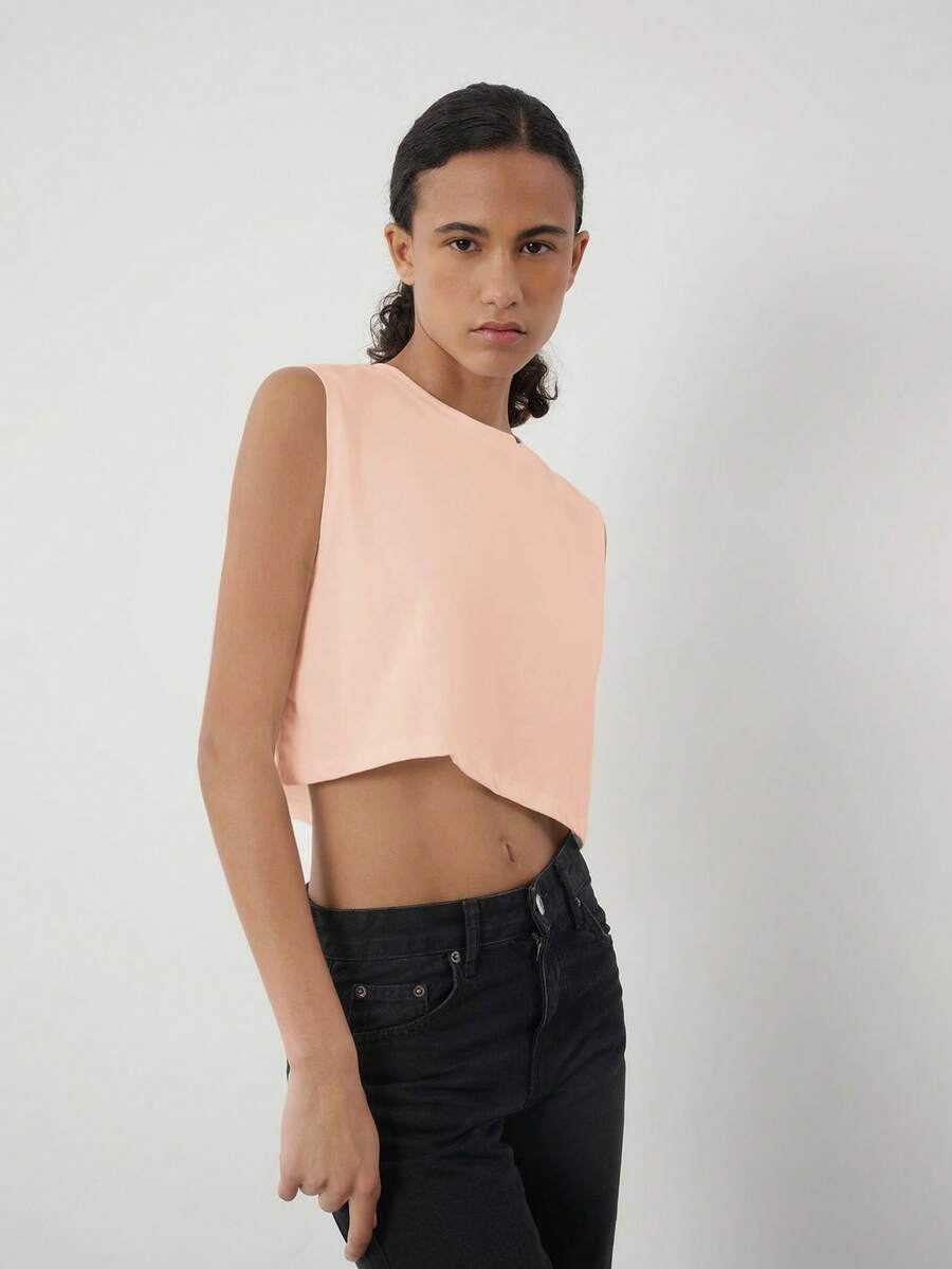 SHEIN BASICS 女士简约休闲纯色露脐背心，夏季百搭棉质露脐上衣，无袖露脐上衣，蜜桃色露脐上衣，粉色露脐上衣，女士上衣