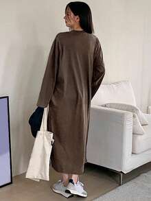 DAZY Women's Letter Print Long Loose Long Sleeve Dress, Spring/Summer/Autumn Dress - Brown - View 2