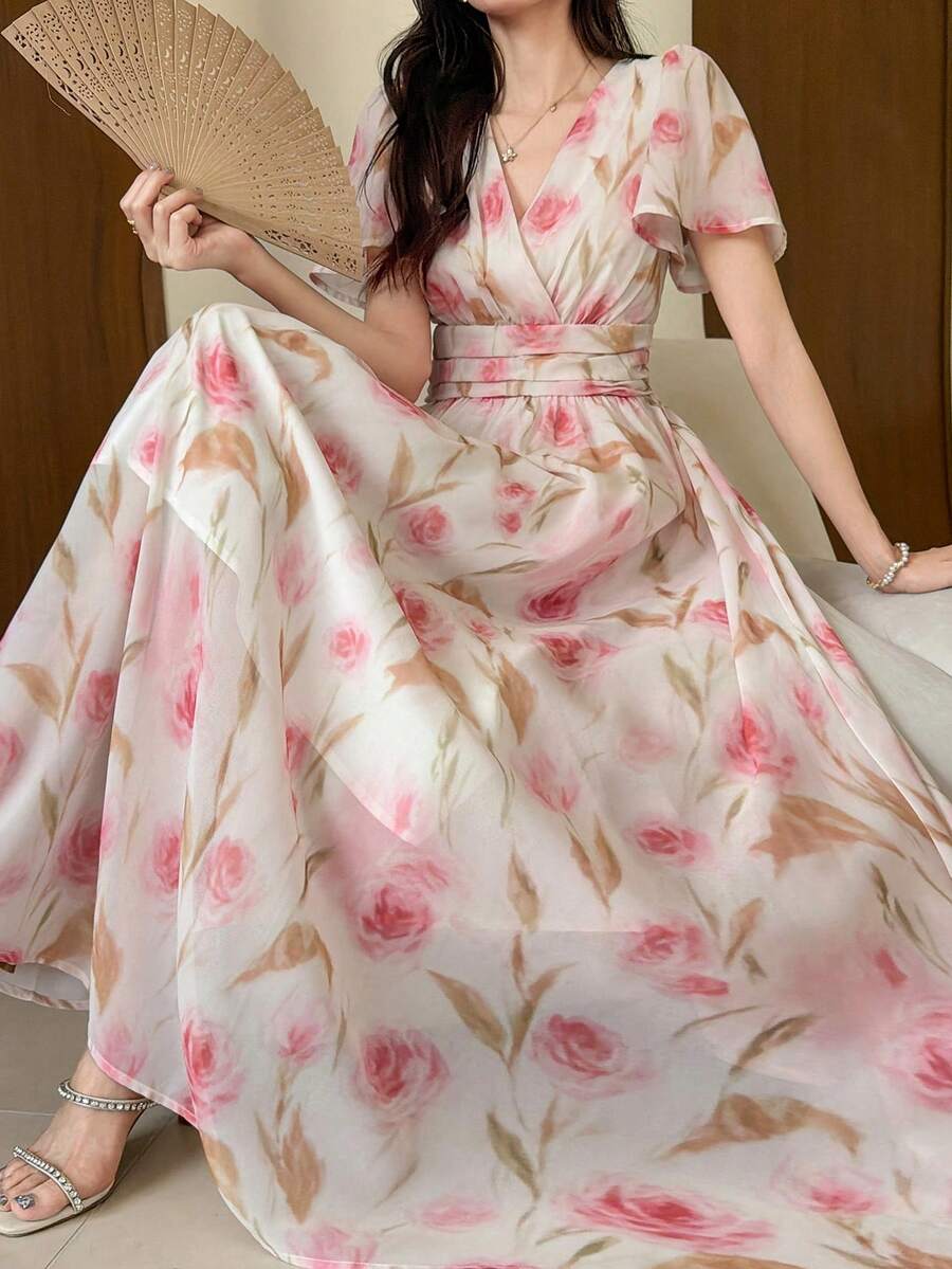 DAZY Đầm voan họa tiết hoa nhí mùa xuân hè, đầm midi thanh lịch thắt eo, phong cách thường ngày đi nghỉ mát, phù hợp cho đám cưới, đầm đi làm. - Hồng - Xem 1