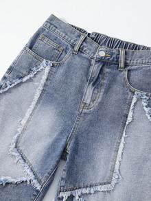 ROMWE MEN Street Life 青少年男孩星形贴片斜插口袋休闲牛仔短裤 - 藍色 - 查看 5