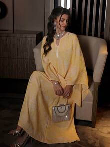 Al Najma Jacquard Batwing Sleeve Fashionable Loose Tassel Flared Hem Elegant Party Dress For Women - Yellow - View 4