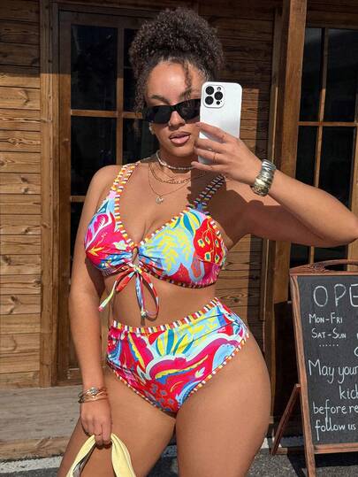 Swim Vcay 2026 New Plus Size Women Floral Print Halter Bikini Set, High Waist Swimsuit, Vacation Beach Wear