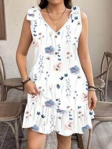 SHEIN LUNE 大码女式碎花V领无袖休闲度假连衣裙 - 彩色 - 查看 1