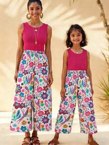 SHEIN Tween Girl Solid Color Round Neck Tank Top And Floral Print Wide Leg Pants Casual Outfit - Multicolor - View 2