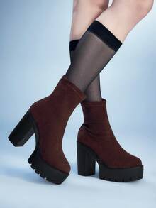 Sugerpunk Giày bốt cổ ngắn nữ thời trang, đa năng, chống thấm nước, đế cao, gót dày, thích hợp đi làm. - màu nâu - Xem 4